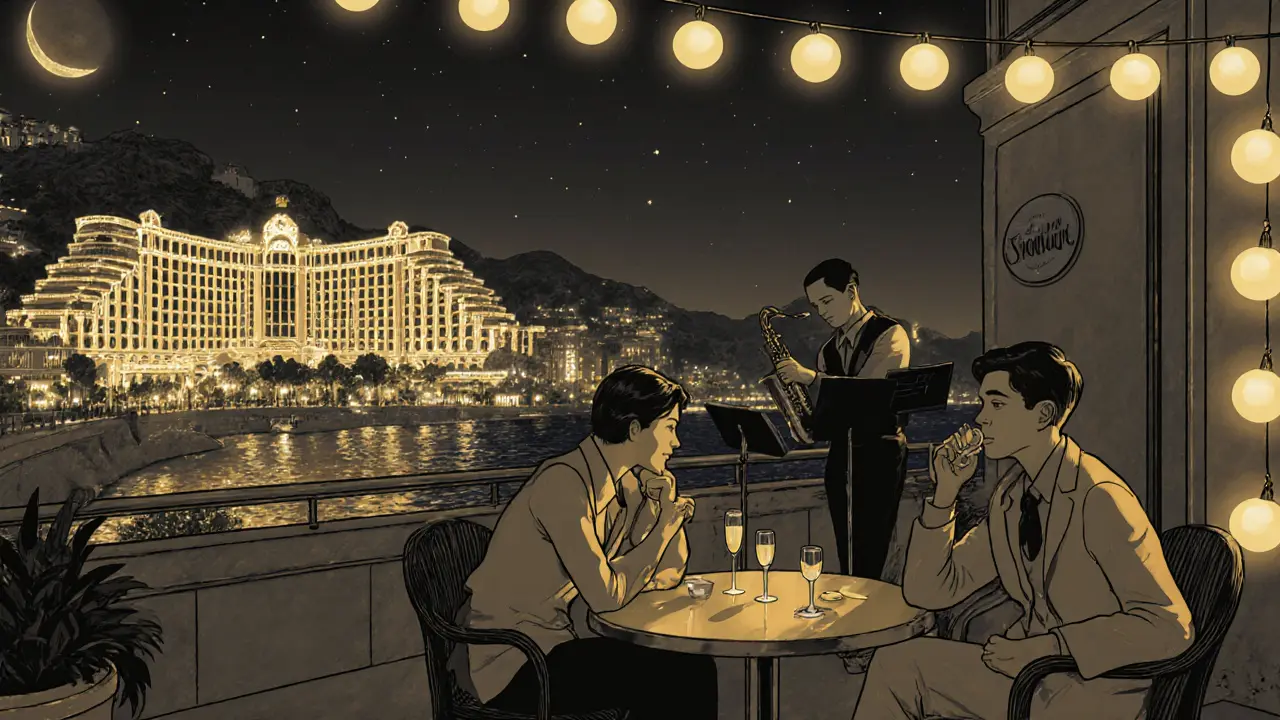 Two people having an intimate conversation at a rooftop café in Monte-Carlo, lit by string lights and overlooking the casino.