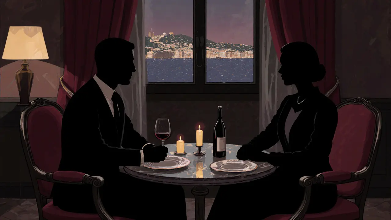 Two silhouetted figures share a quiet moment in a luxury hotel lounge overlooking Monte Carlo.