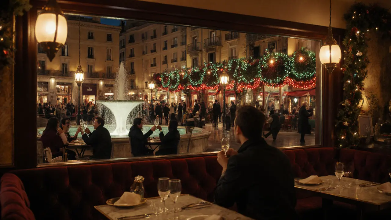 View from Cafe de Paris window overlooking Monaco&#039;s festive fountain, guests laughing under lanterns, warm interior lights reflecting on marble.