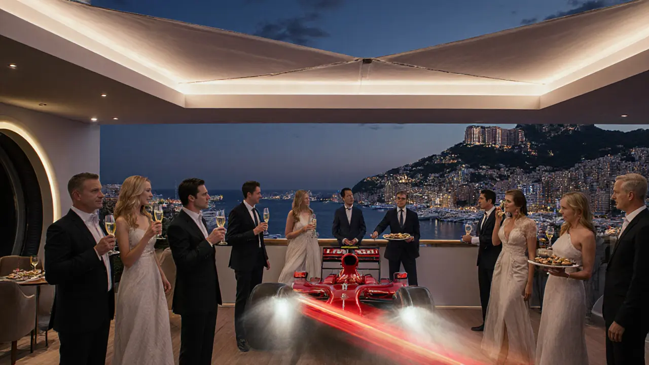 VIP guests on a rooftop terrace watching an F1 car pass below, dressed in elegant attire with champagne in hand.