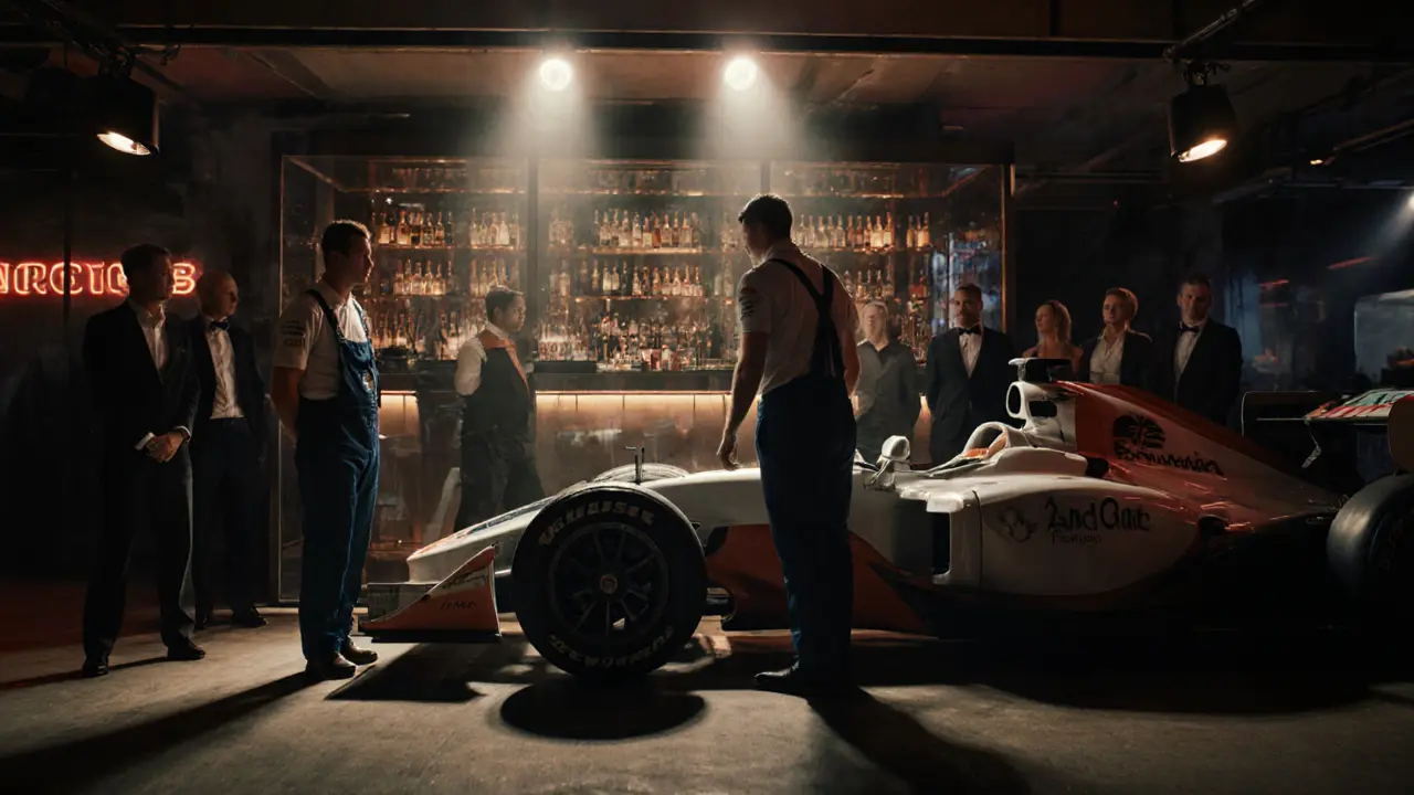 VIPs observe mechanics working on an F1 car in the Paddock Club, with after-party lights and DJ equipment in the background.