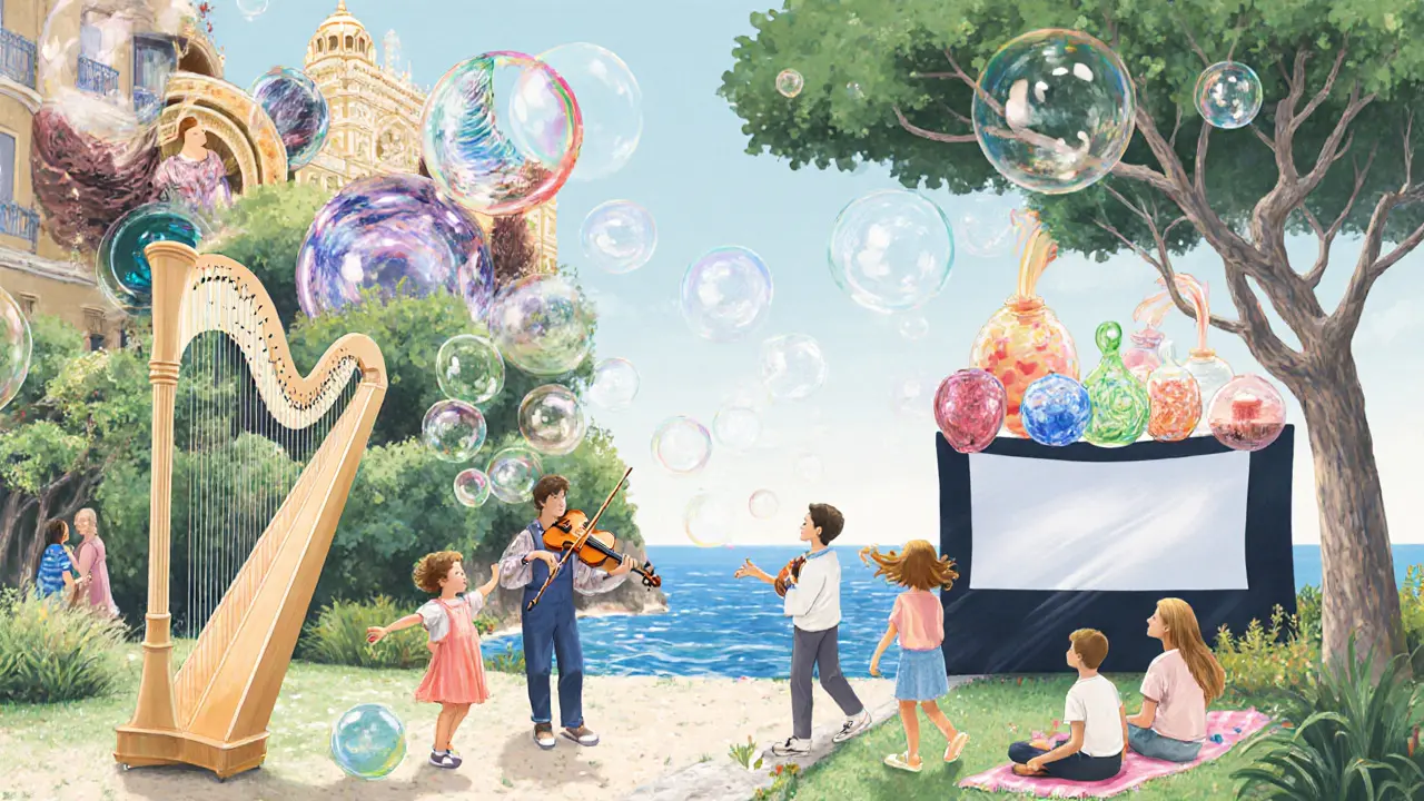 Whimsical collage of festival scenes: music, art, and family moments under Mediterranean light