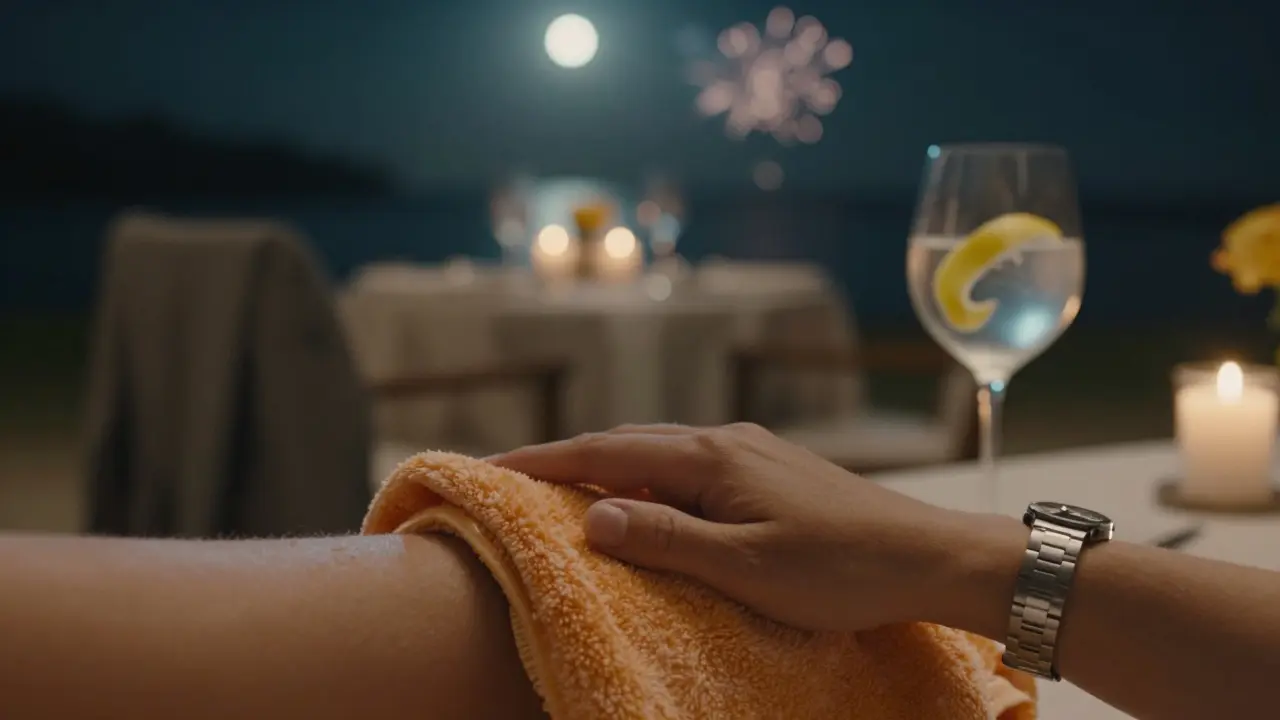 A chilled towel and gin tonic on a table beside a tailored blazer, fireworks glowing softly over the ocean.