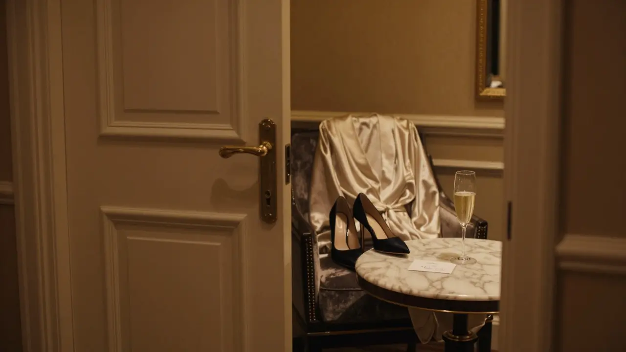A closed hotel suite door slightly open, revealing designer heels, a silk robe, and champagne—symbolizing privacy and luxury.