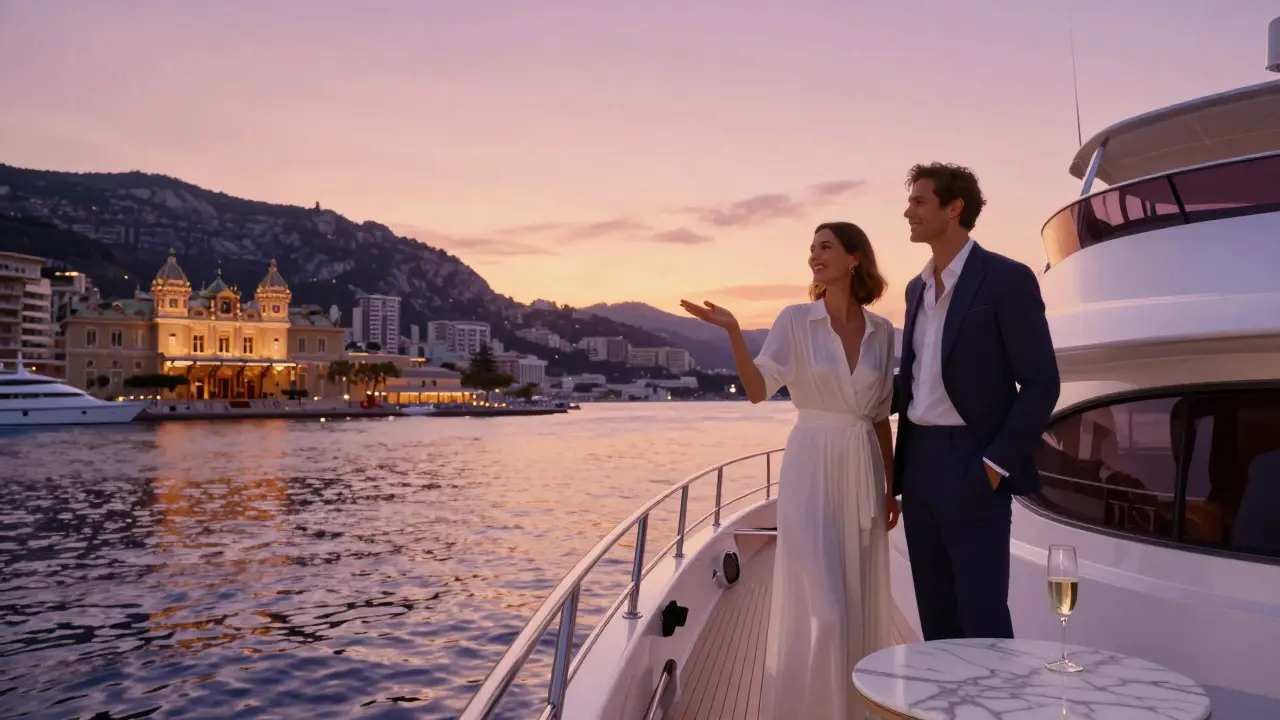 A couple enjoying a private sunset cruise on a yacht overlooking Monaco’s harbor and casino.
