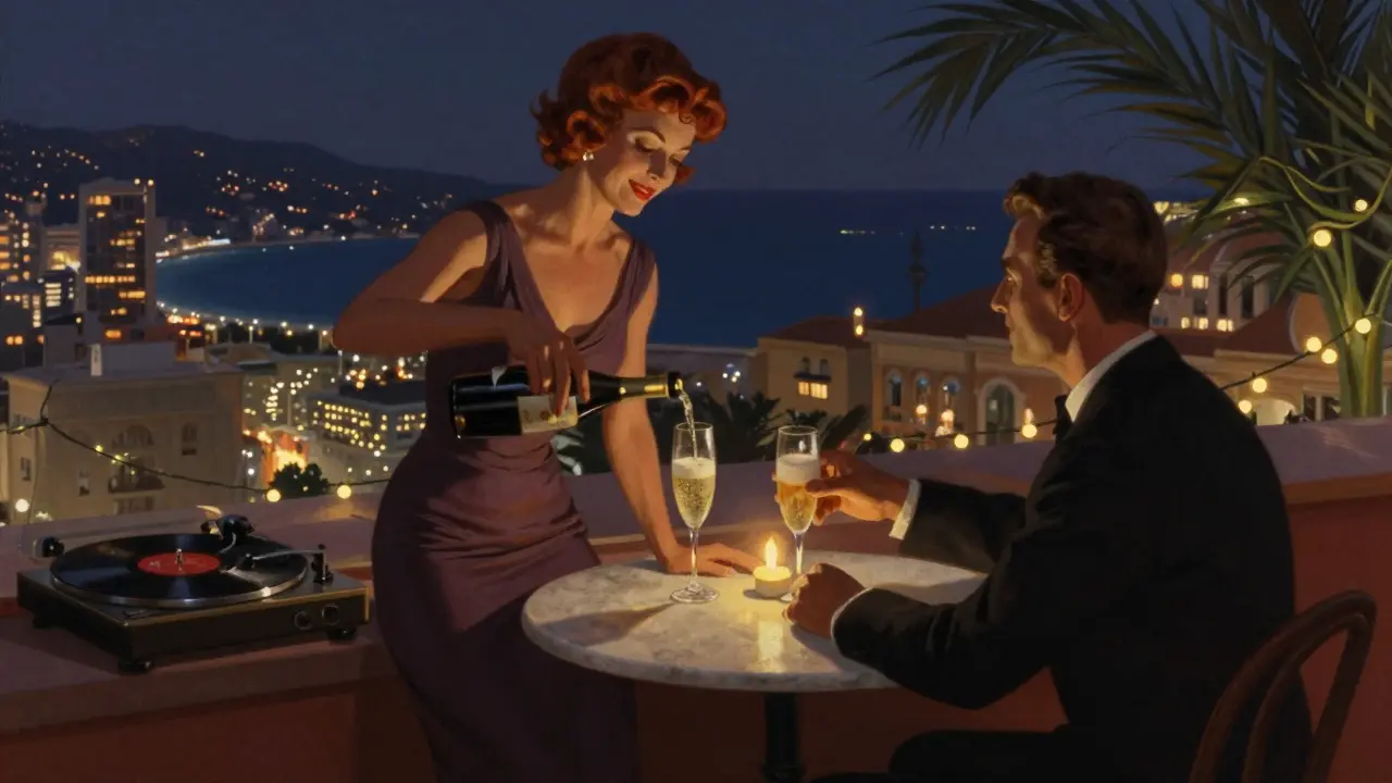 A couple shares a quiet cocktail on a rooftop in Monte Carlo, city lights twinkling beyond.