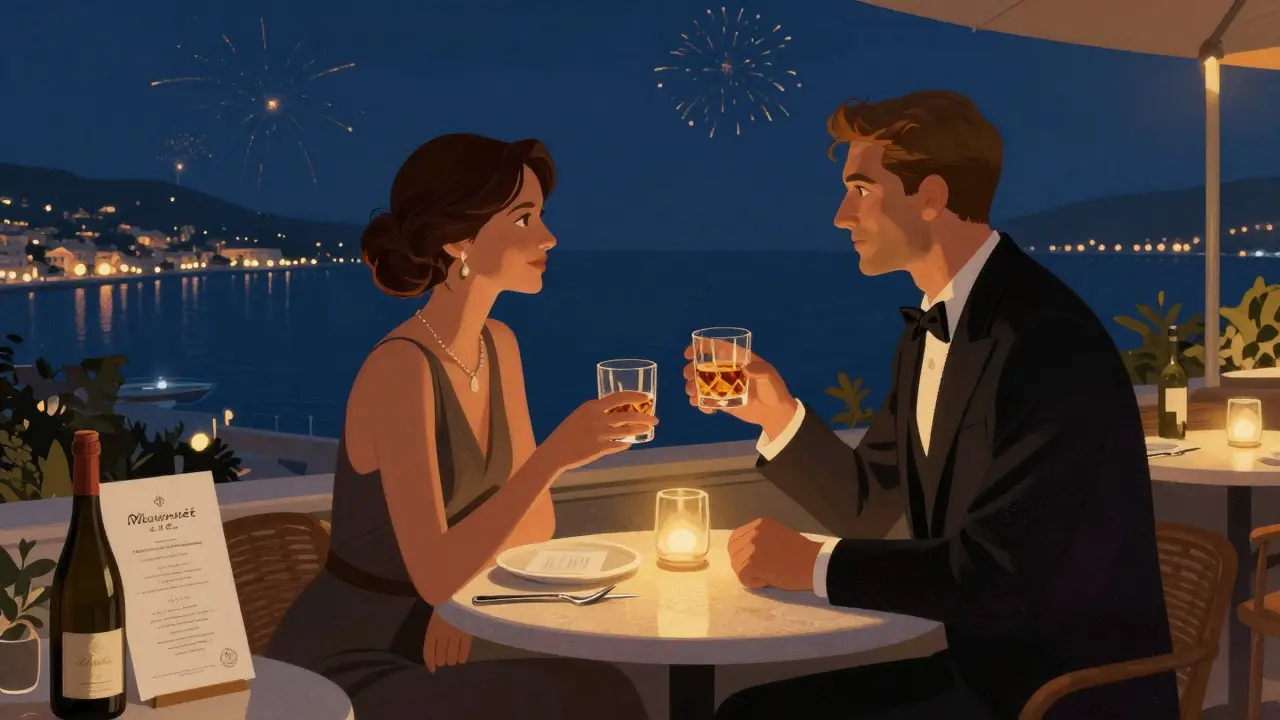 A couple shares a quiet drink at a luxurious rooftop bar in Monaco, fireworks reflecting on the Mediterranean at night.