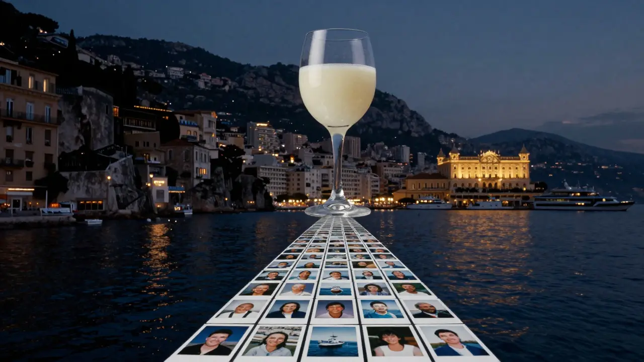 A floating glass of pastis hovers above Monaco’s harbor, its reflection forming a trail of Polaroid memories under a starry night sky.