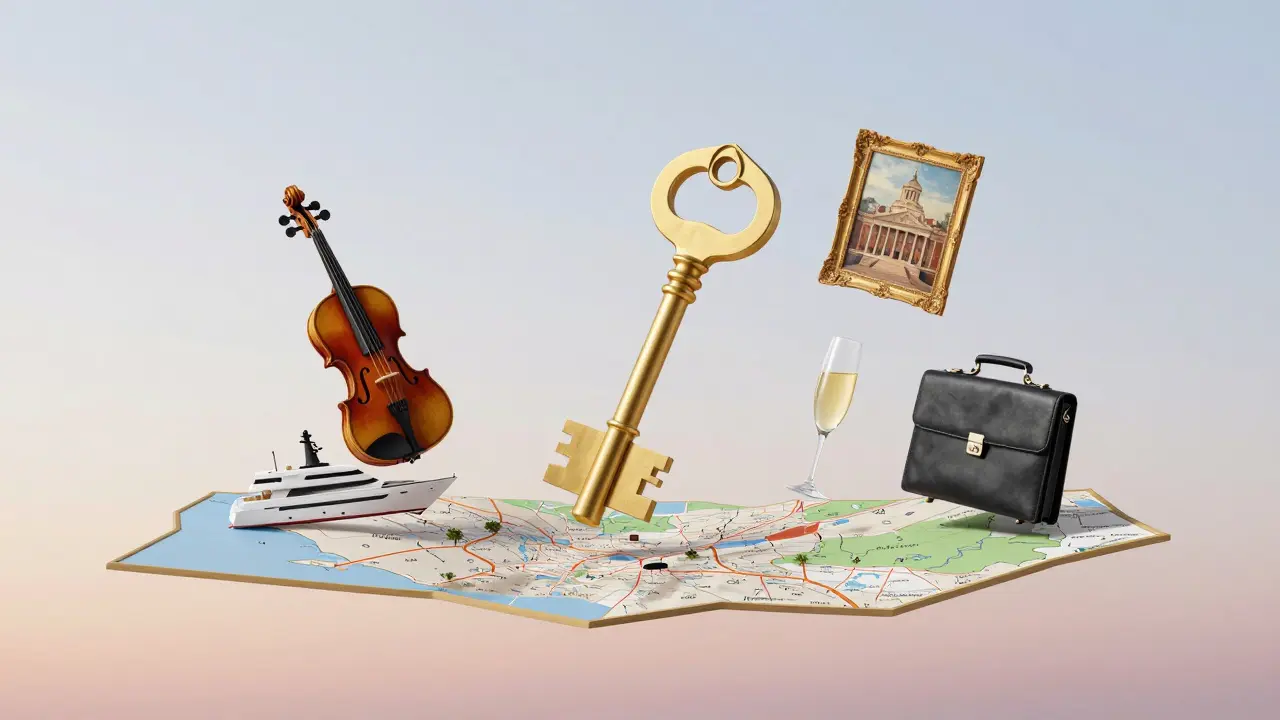 A golden key hovers above symbols of Monaco&#039;s elite experiences: yacht, violin, champagne, and art.