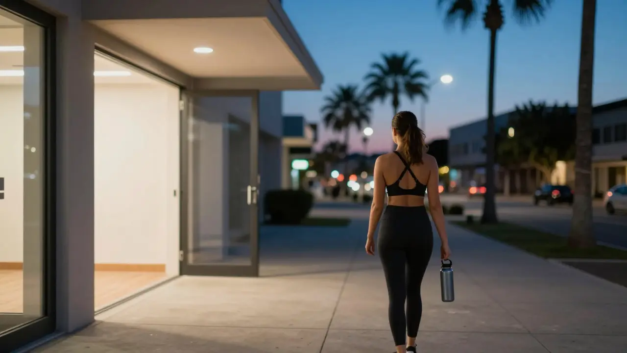 A model leaving a quiet gym in Monaco at dusk, walking alone under soft twilight lighting.