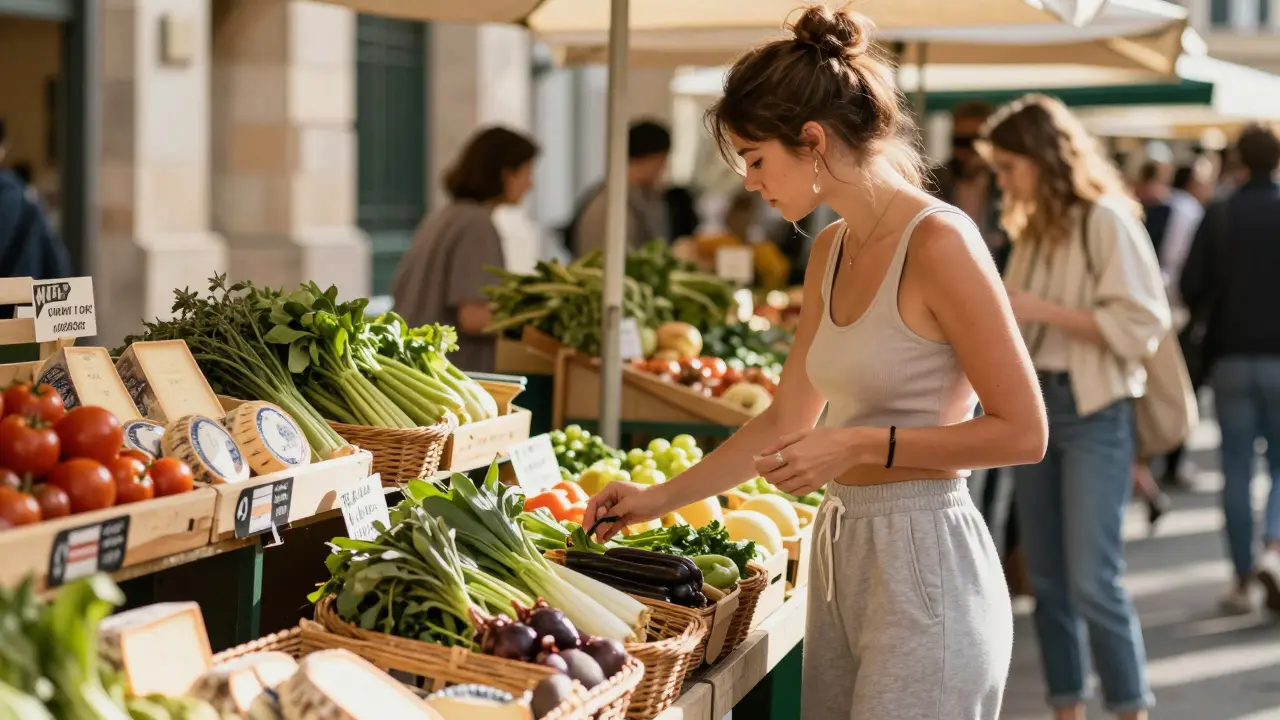 A model shopping at a local farmers market in Monaco, wearing casual clothes and holding fresh produce.