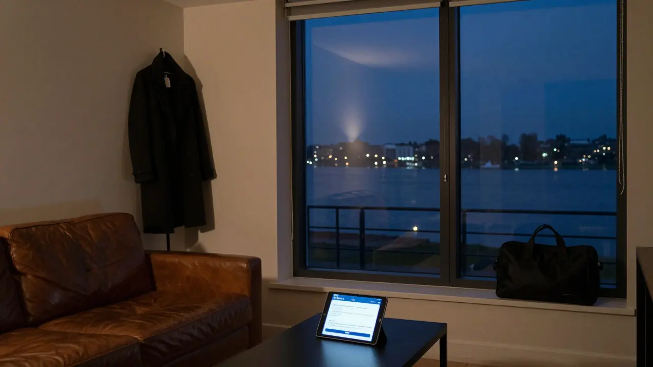 A peaceful private apartment interior with river view, coat on chair, and booking summary on tablet.