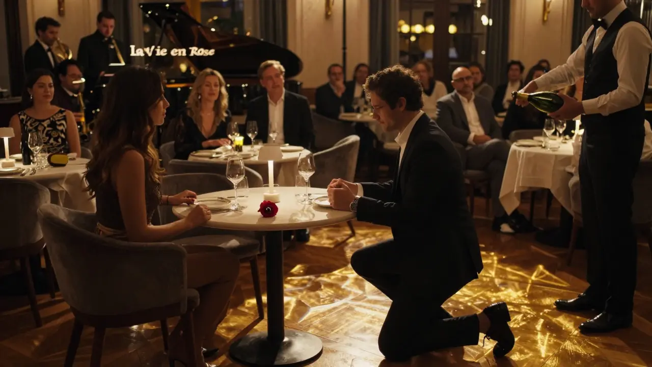 A romantic proposal at Cafe de Paris Monaco, with the entire room paused as a jazz song plays softly.