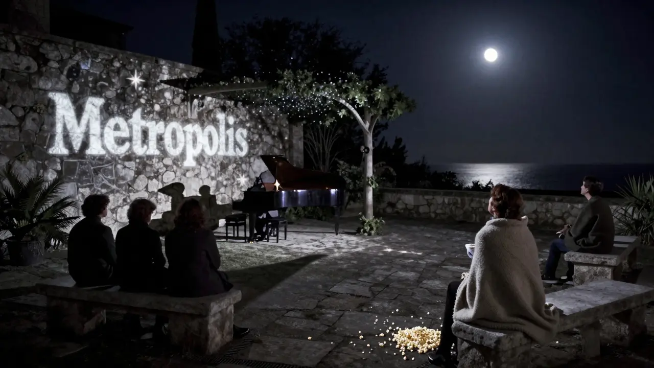 A silent film night in the Garden Courtyard under the stars, guests wrapped in blankets watching &#039;Metropolis&#039;.