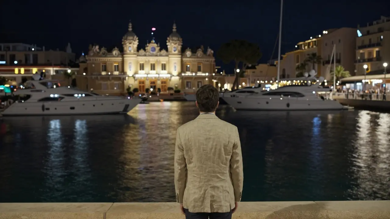 A solitary figure stands on a pier at night, gazing at illuminated yachts in Monaco's harbor under a starry sky.