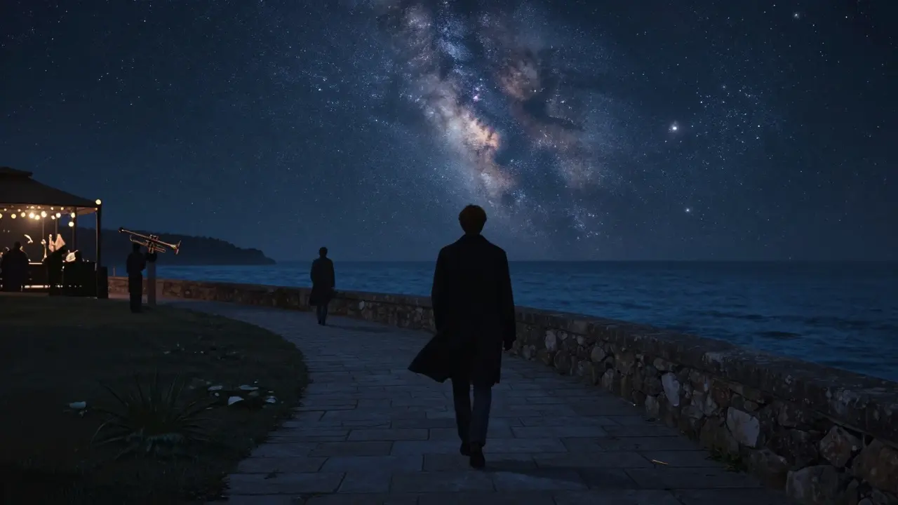 A solitary figure walks through Saint-Martin Gardens under a starry sky, with jazz echoing in the distance.