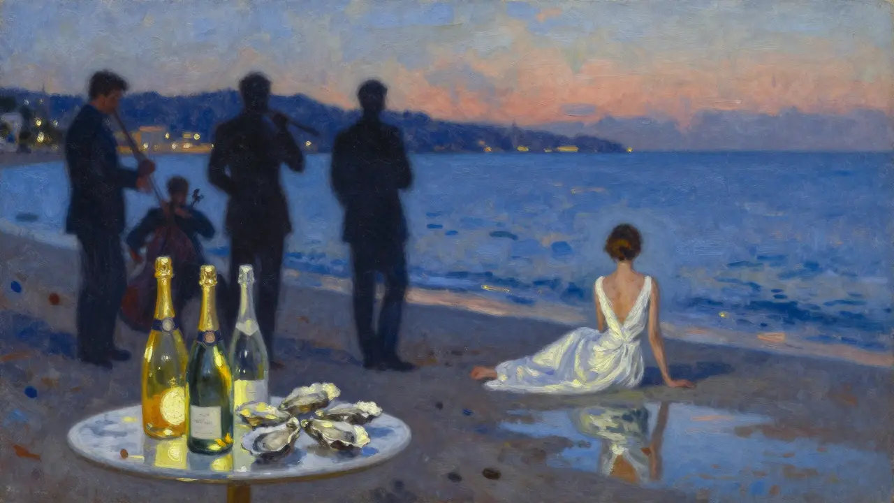 A solitary woman in white dress sits by the sea at night, starlight and faint jazz shadows surrounding her.