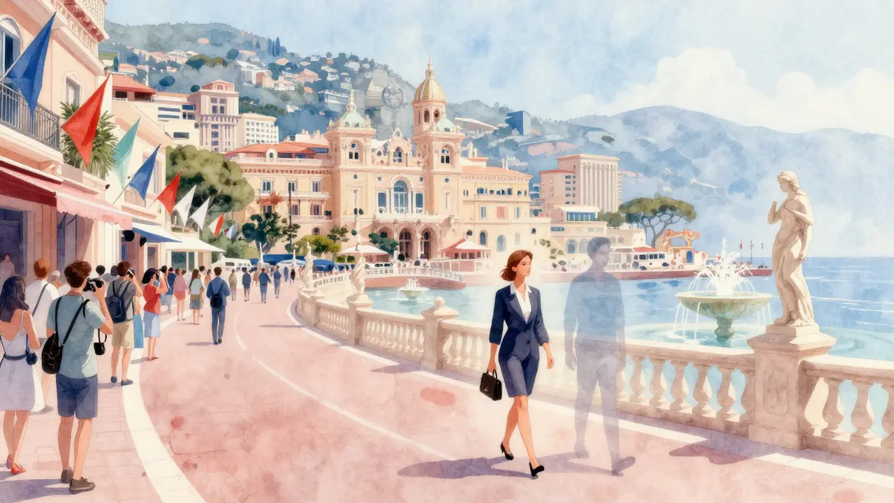A symbolic path through Monaco’s Old Town showing tourist crowds on one side, a quiet elegant figure on the other.