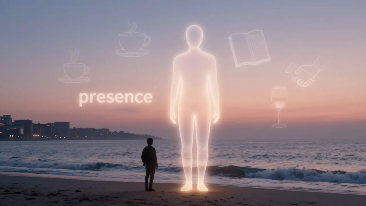 A transparent figure of presence beside a traveler at dawn on Monaco's waterfront, symbols of connection floating nearby.