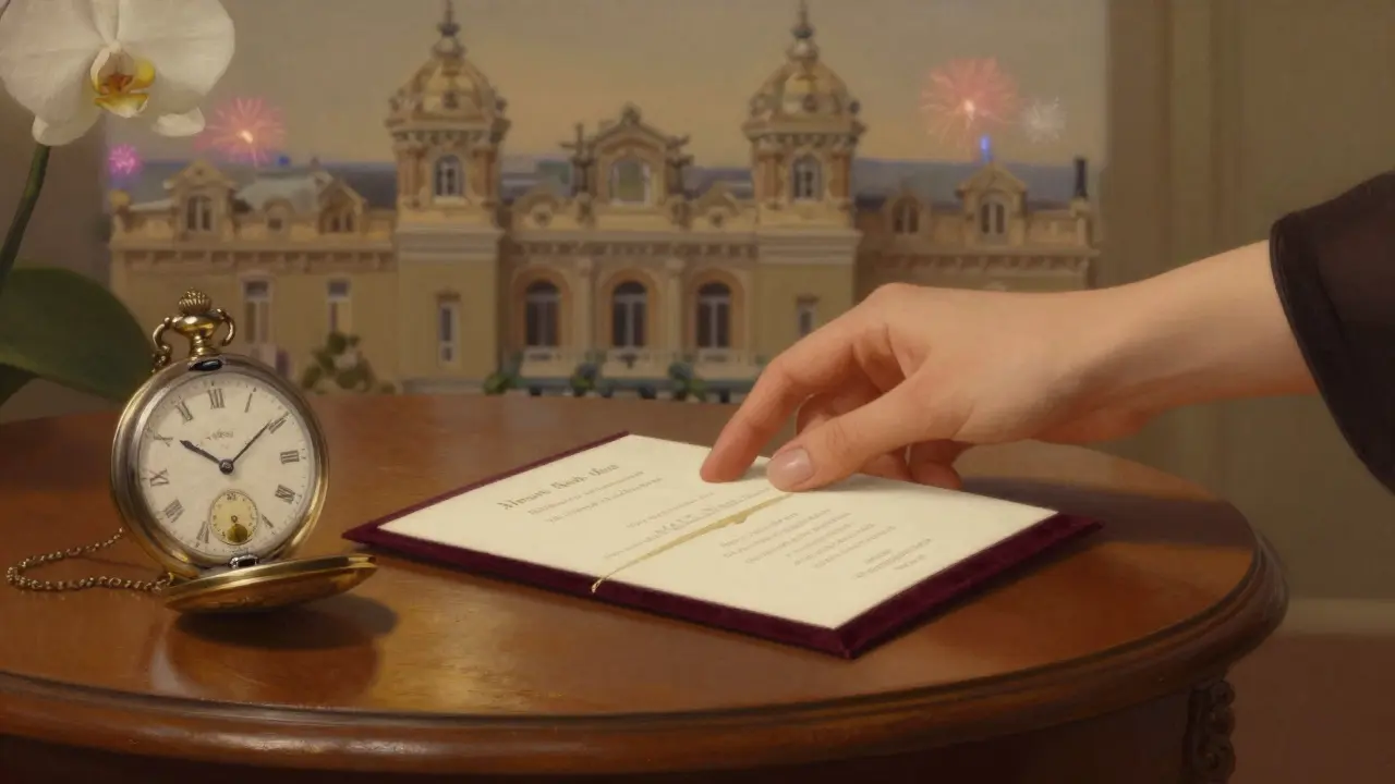 A velvet invitation with a pocket watch and orchid on a mahogany table, symbolizing discreet luxury in Monaco.