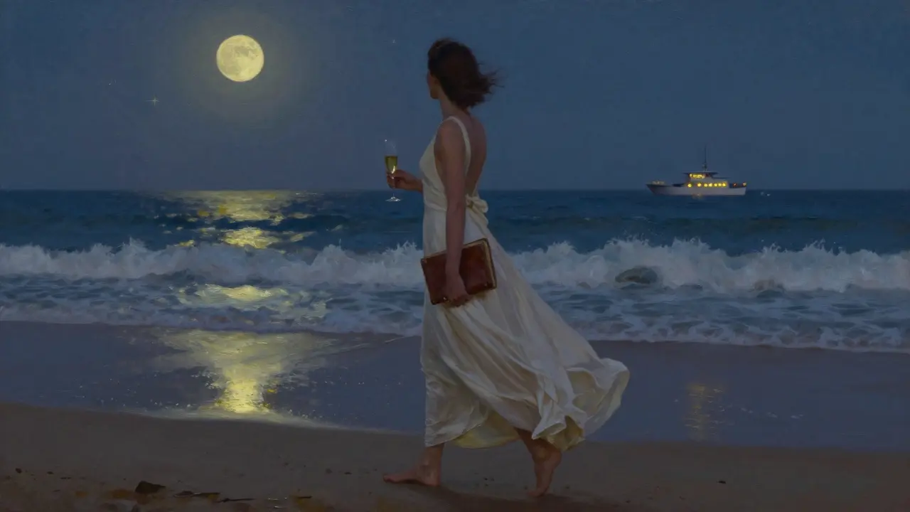 A woman walks barefoot on a moonlit beach in Cap d’Ail, holding a book and champagne flute, waves gently breaking nearby.