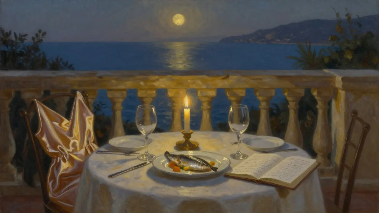 An empty luxury terrace dinner at night with wine glasses, candlelight, and sea view, silk dress draped over a chair.