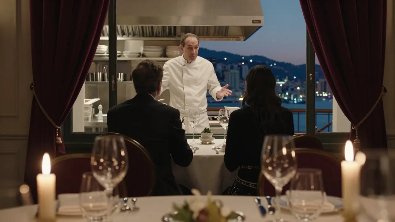 An intimate candlelit dinner at Le Louis XV with a view of Monaco&#039;s harbor at night.