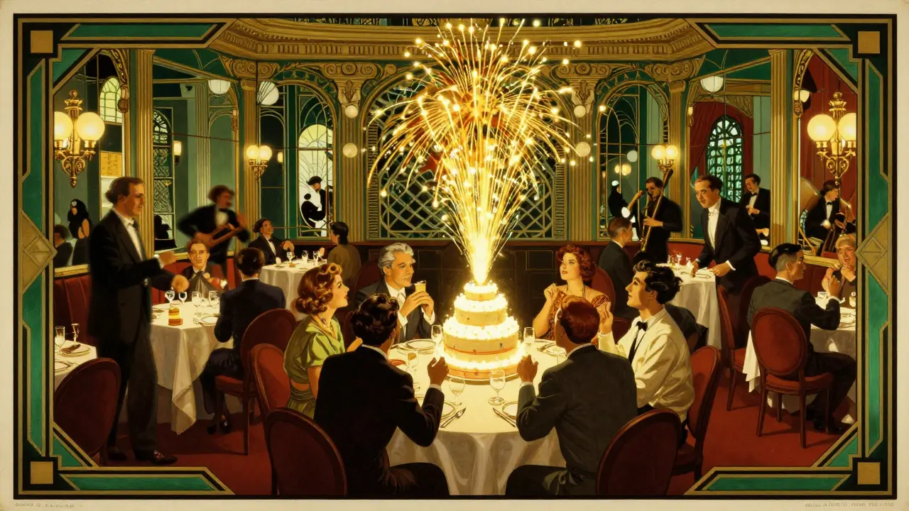 Art Deco-style dining room with a glowing birthday cake and mirrored walls reflecting a celebratory crowd.