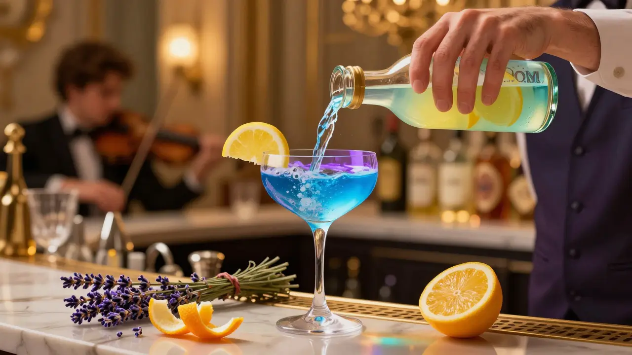 Bartender pouring blue gin that shifts color from blue to violet in a coupe glass