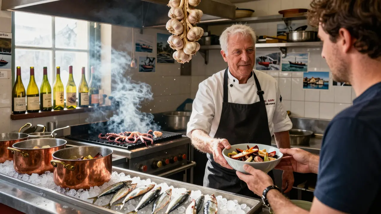 Busy kitchen of La Rascasse showing a chef serving bouillabaisse, garlic, copper pots, and charcoal grill with fresh fish.