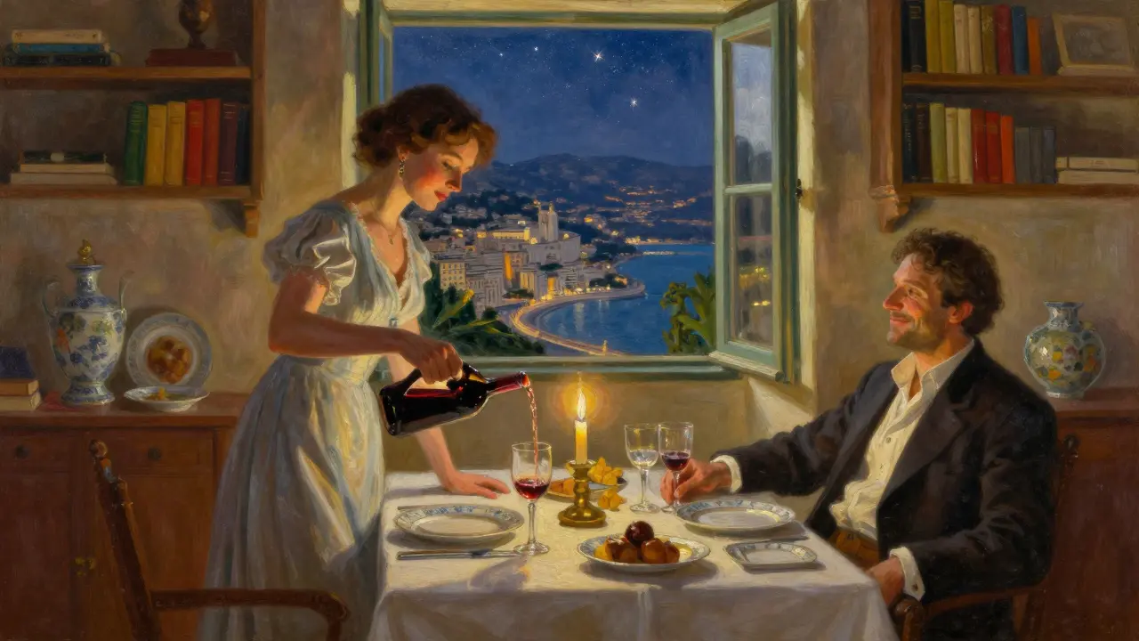 Candlelit private dinner in a Monaco villa, two figures sharing a quiet moment with stars visible through the window.
