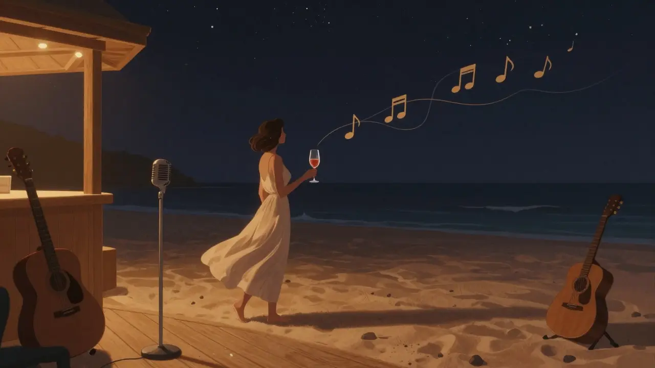 Elegant guest at Le Club 55 barefoot on sand, sipping rosé under warm amber lights and jazz vibes.