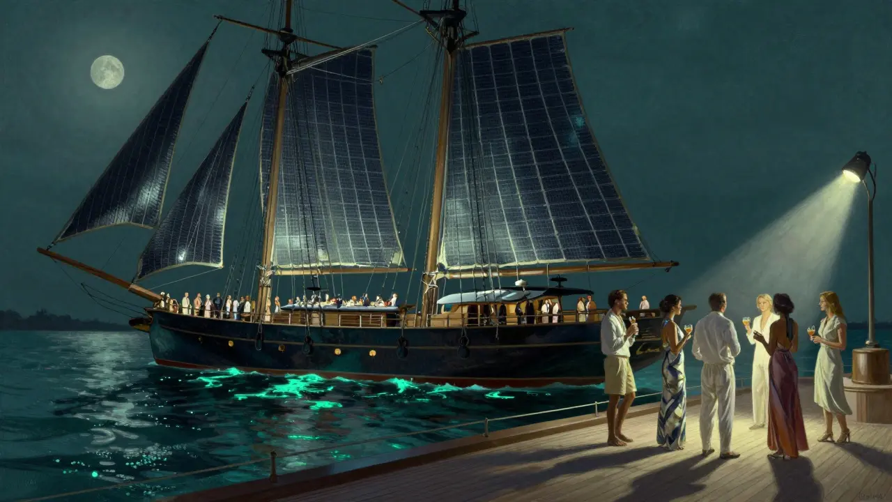 Elegant guests mingle on a solar-powered yacht under moonlight, with sails glowing faintly and bioluminescent water below.