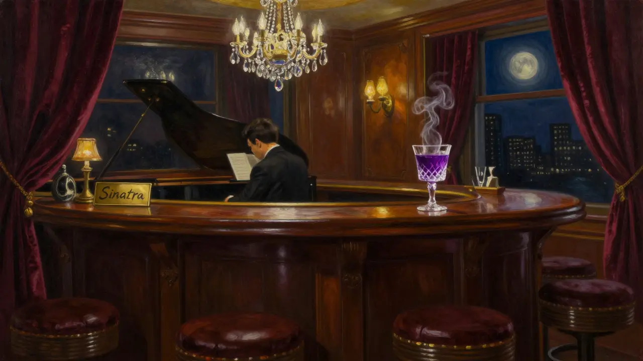 Elegant piano bar with vintage barstools, dim lighting, and a brass plaque marking Sinatra&#039;s seat.