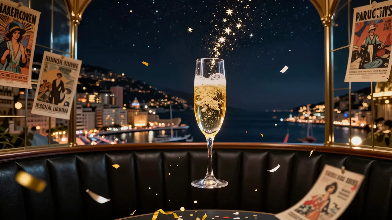 Floating champagne flute surrounded by golden bubbles and confetti, vintage posters and harbor lights fading into stars.