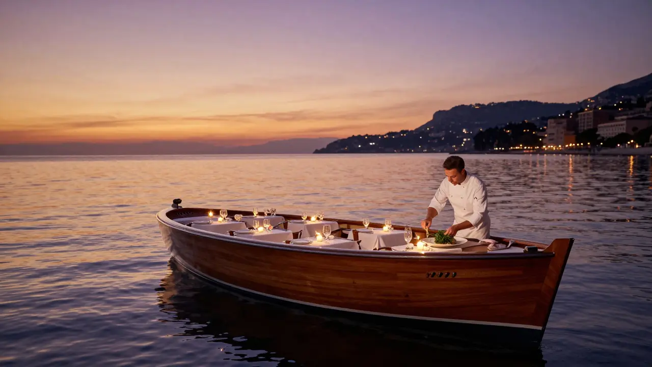 Floating restaurant on the Mediterranean at sunset with candlelit tables and chef serving fresh seafood.