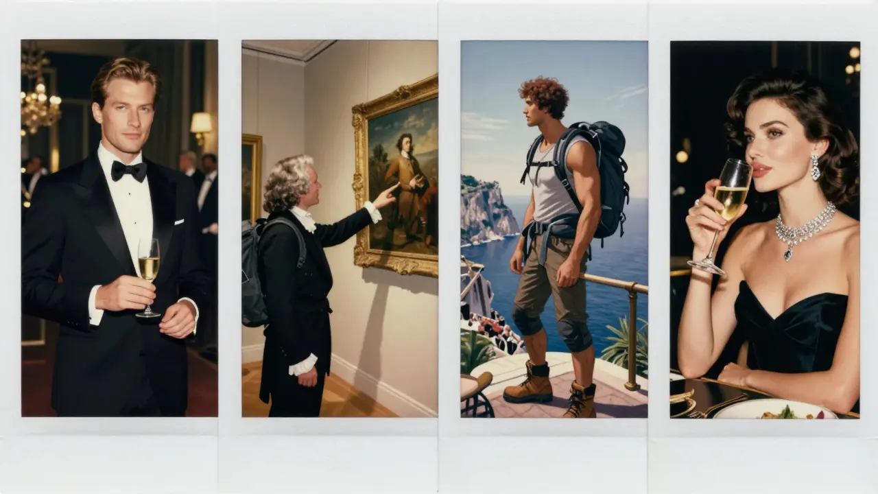 Four elegant companions in Monaco: diplomat, art historian, adventurer, and socialite, each in their element.