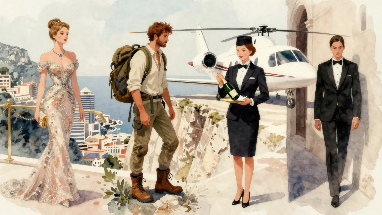 Four elite companions in Monaco: a socialite at a gala, an adventurer on a cliff, a concierge on a helipad, and a discreet professional in shadow.