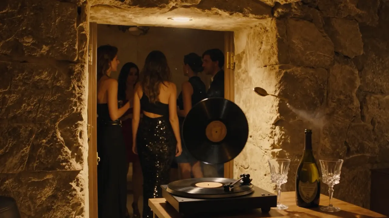 Hidden speakeasy entrance at Les Caves du Roy with glowing door, vinyles spinning, and refined nightlife atmosphere.