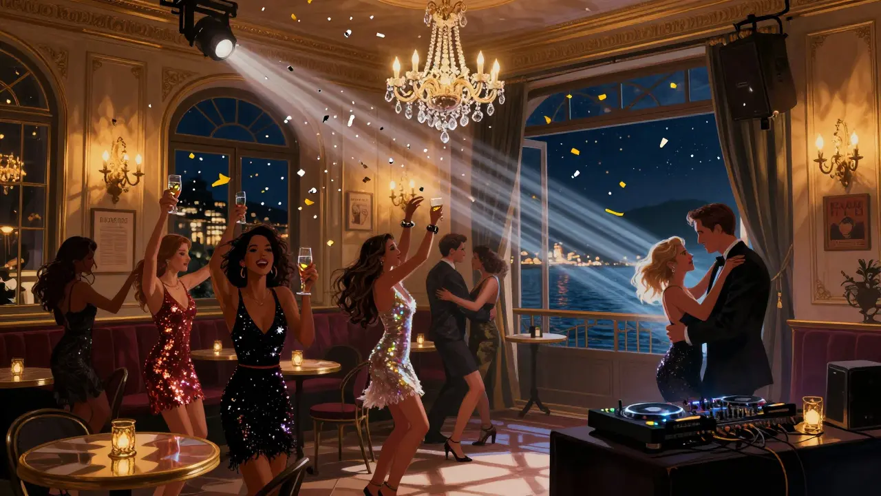 Interior of Cafe de Paris Monaco at midnight, confetti raining down, guests dancing under strobe lights and chandeliers.