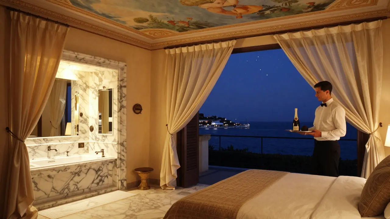 Luxurious Grand Suite with marble bathroom, silk drapes, and harbor view under night sky.