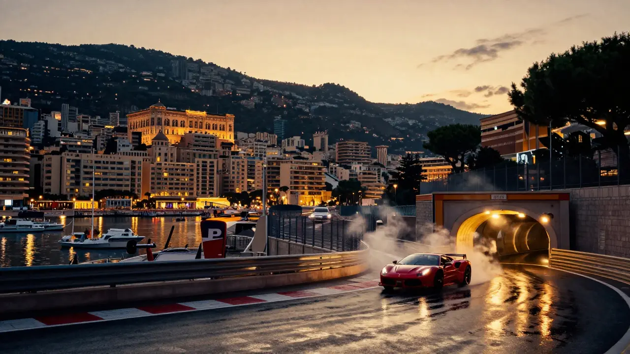 Monaco circuit at dusk, with golden light reflecting off wet asphalt and city lights beginning to glow along the harbor.