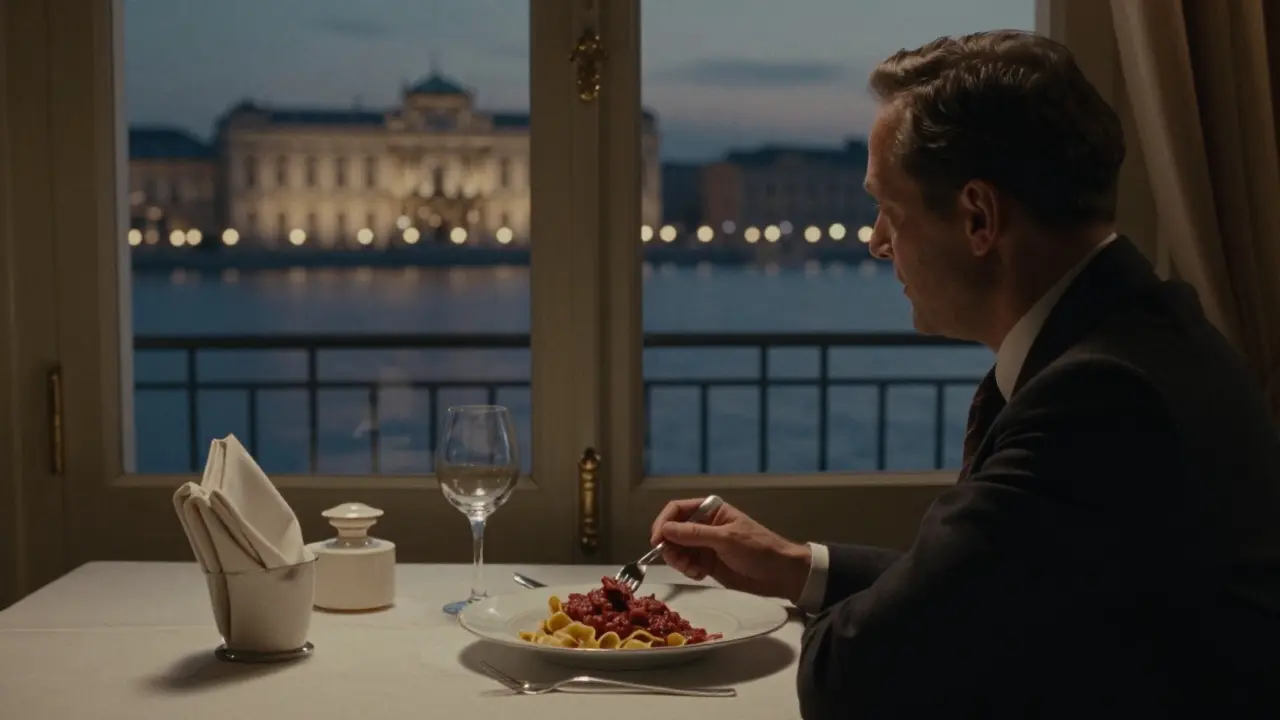 Quiet dining moment at Hôtel Hermitage with harbor lights reflecting through a window.