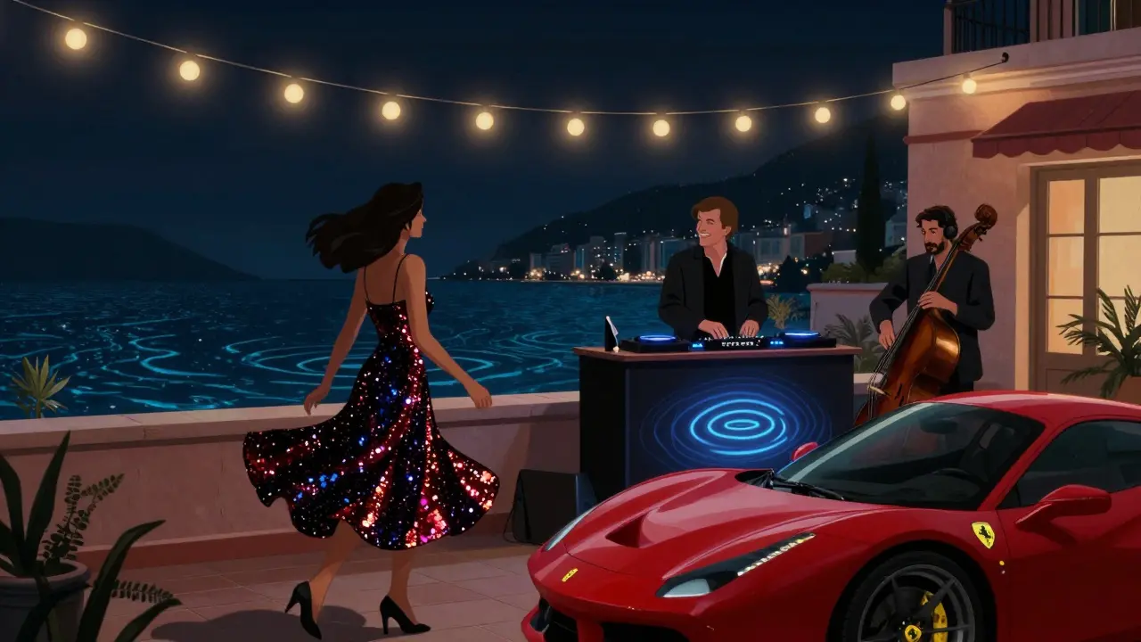 Rooftop party in Monte Carlo with neon lights, dancing crowd, and Ferrari parked nearby at midnight.