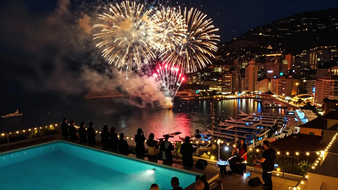 Rooftop terrace at midnight with crowd watching fireworks over Monaco’s harbor, confetti in the air, live percussionists playing.
