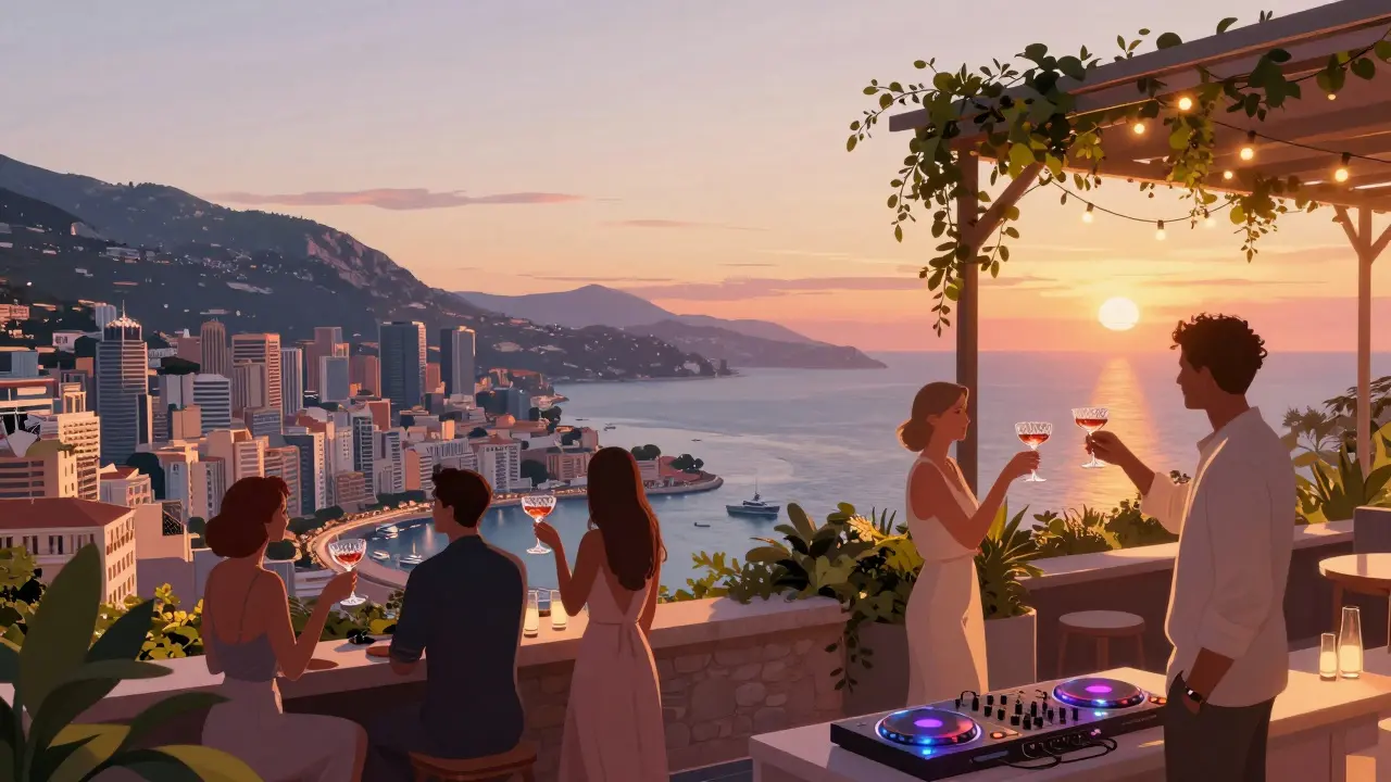 Rooftop terrace with sunset views, guests toasting rosé over Monaco's skyline