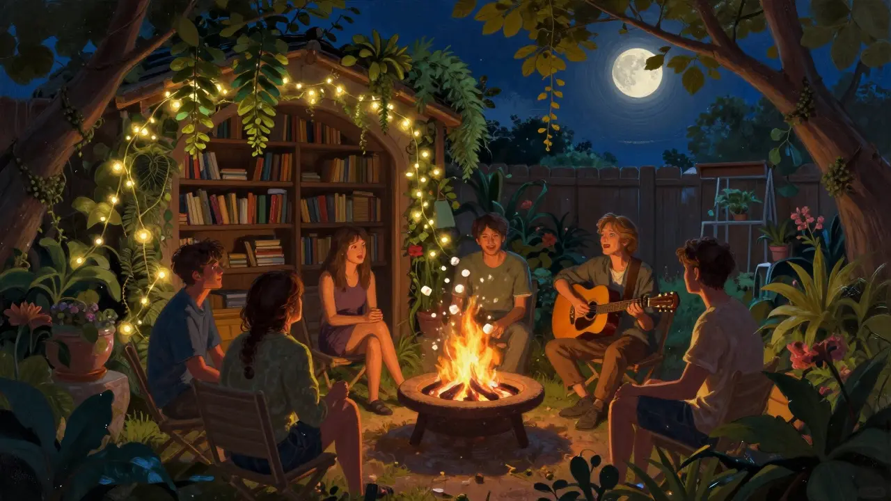 Secret garden with fire pit, fairy lights, and live acoustic music under moonlight