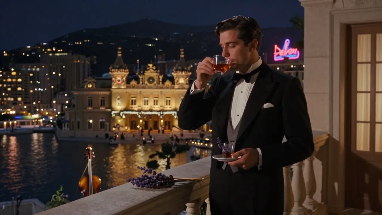 Silhouetted figure on terrace at night, Monaco lights glowing below, violin music in the air.