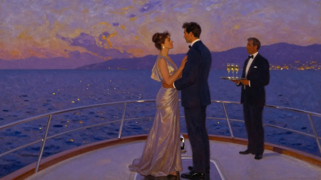 Sophisticated pair on a private yacht at dusk, overlooking the glittering French Riviera coastline.