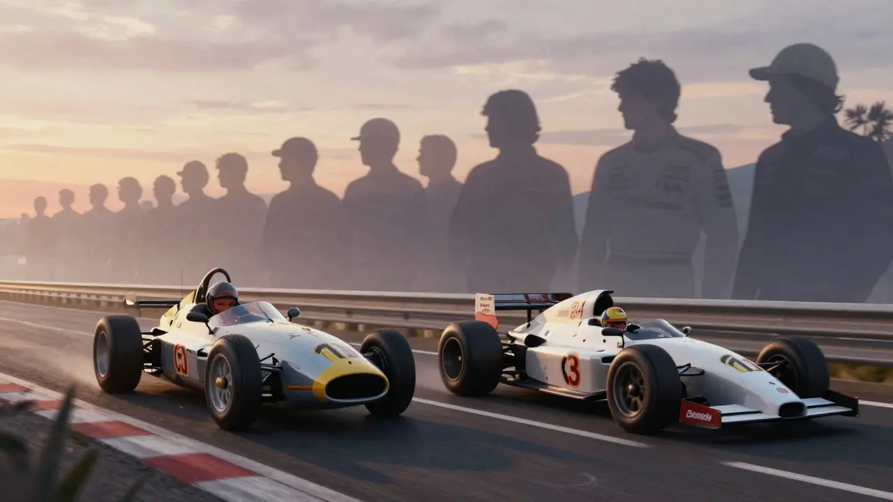 Split-frame image showing a vintage F1 car and modern F1 car on the same Monaco street, with ghostly figures of past champions.